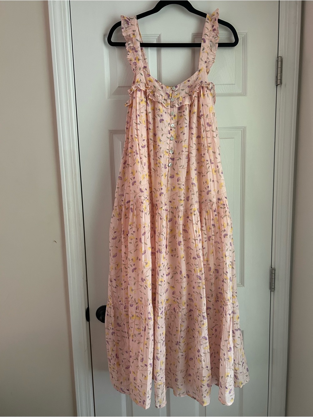 Pink Floral Maxi Dress with Ruffle Straps
